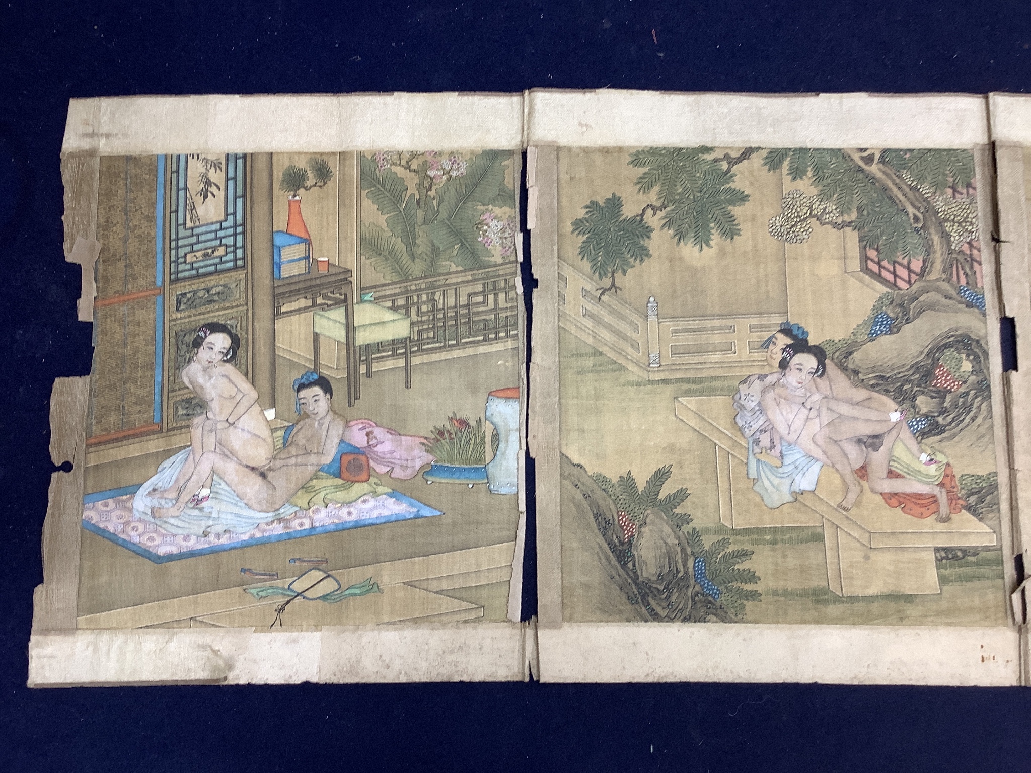 A group of six 19th century Chinese erotic paintings on silk, 27 x 22cm total dimensions